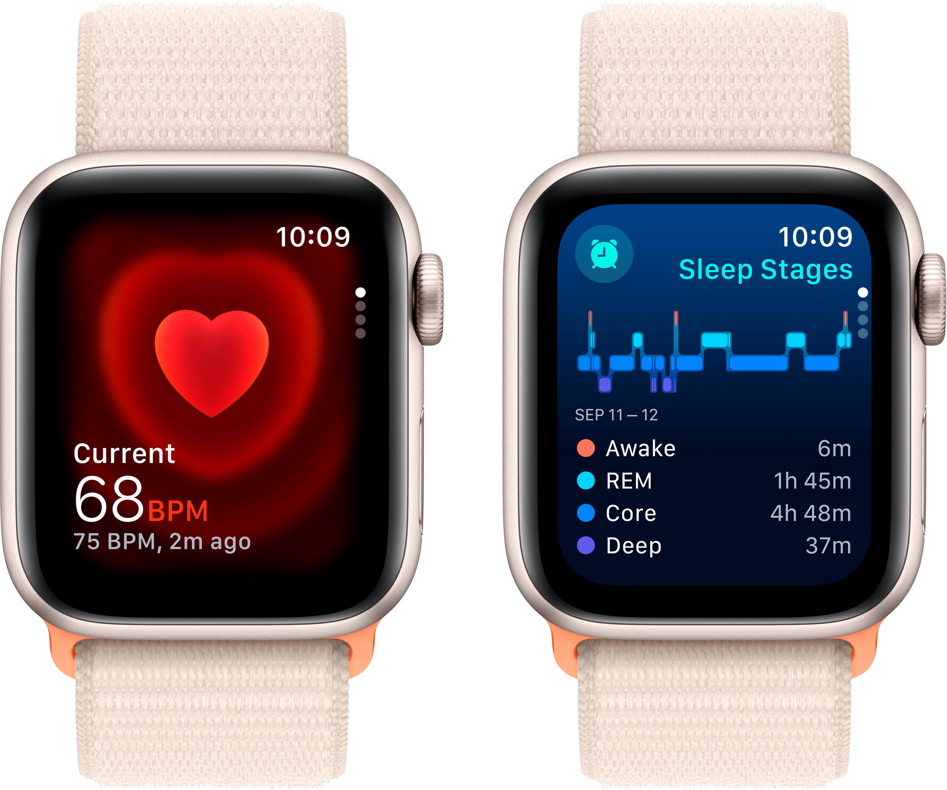 The text on the image is grouped and corrected as follows:

10:09 Sleep Stages SEP 11-12
Current: 68 BPM
2m ago: Awake
REM: 75 BPM
Core: 6m
Deep: 1h 45m
4h 48m
37m

The corrected text shows the sleep stages, current heart rate, and other relevant information displayed on the watch face.