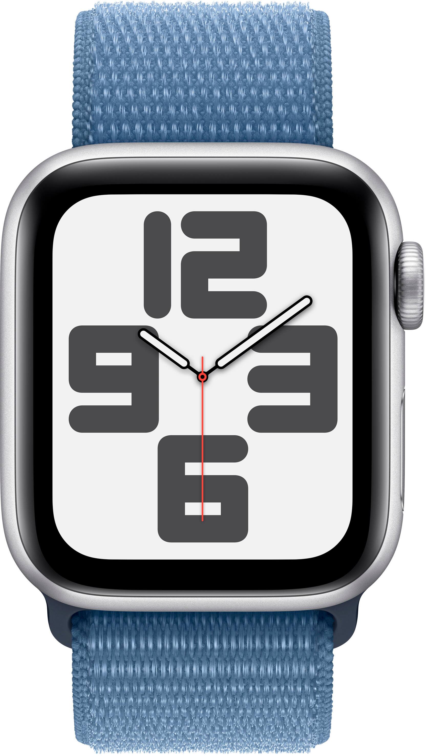 Angle. Apple - Watch SE 2nd Generation (GPS + Cellular) 40mm Silver Aluminum Case with Winter Blue Sport Loop - Silver.