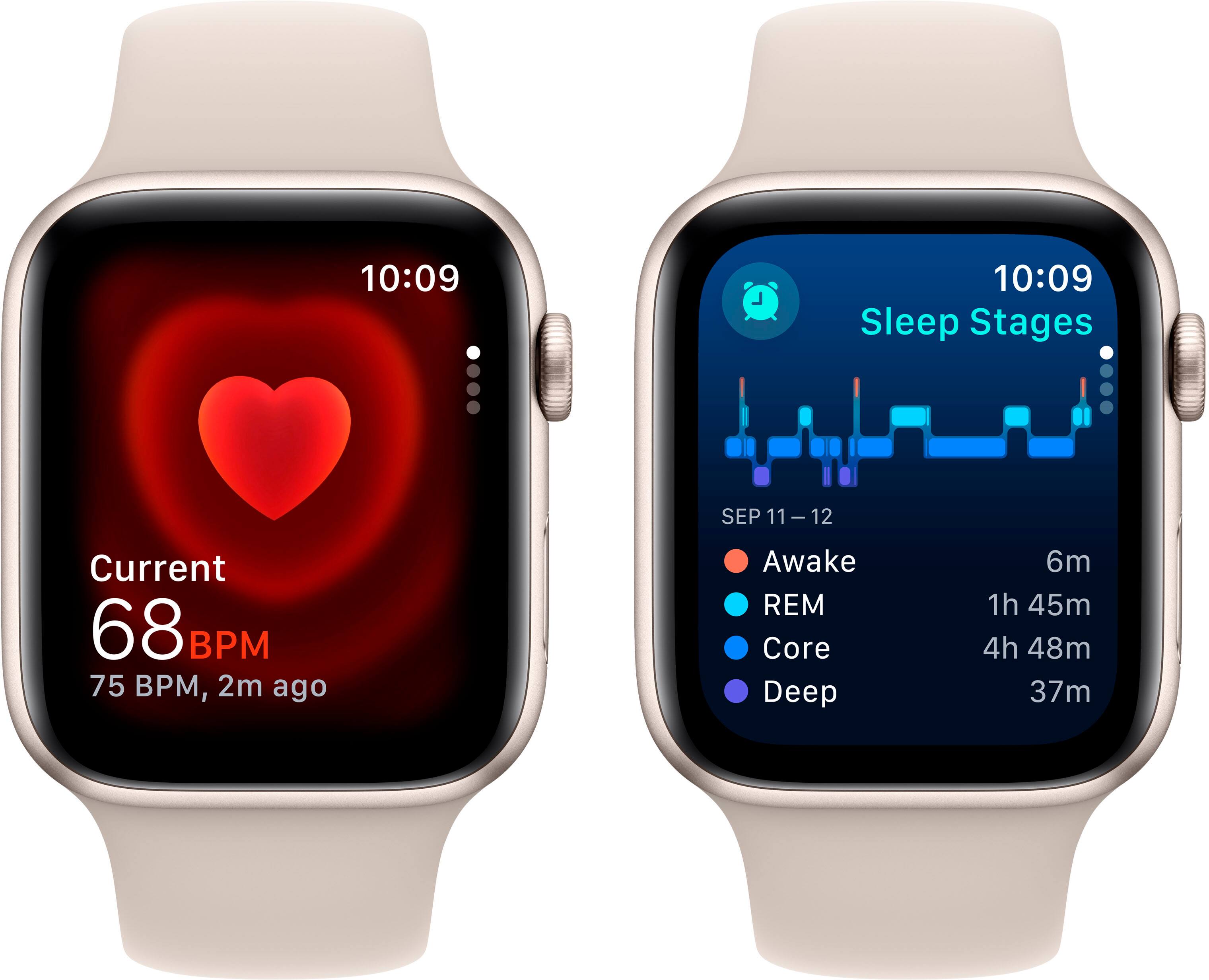 The image shows two watches displaying different information. The first watch shows the time as 10:09 and the sleep stages as Awake, REM, Core, and Deep. The second watch displays the time as 10:09 and the current heart rate as 68 BPM, with the heart rate 2 minutes ago being 75 BPM. Additionally, the second watch shows the time as 10:09 and the time 1 hour and 45 minutes ago as 4:09.