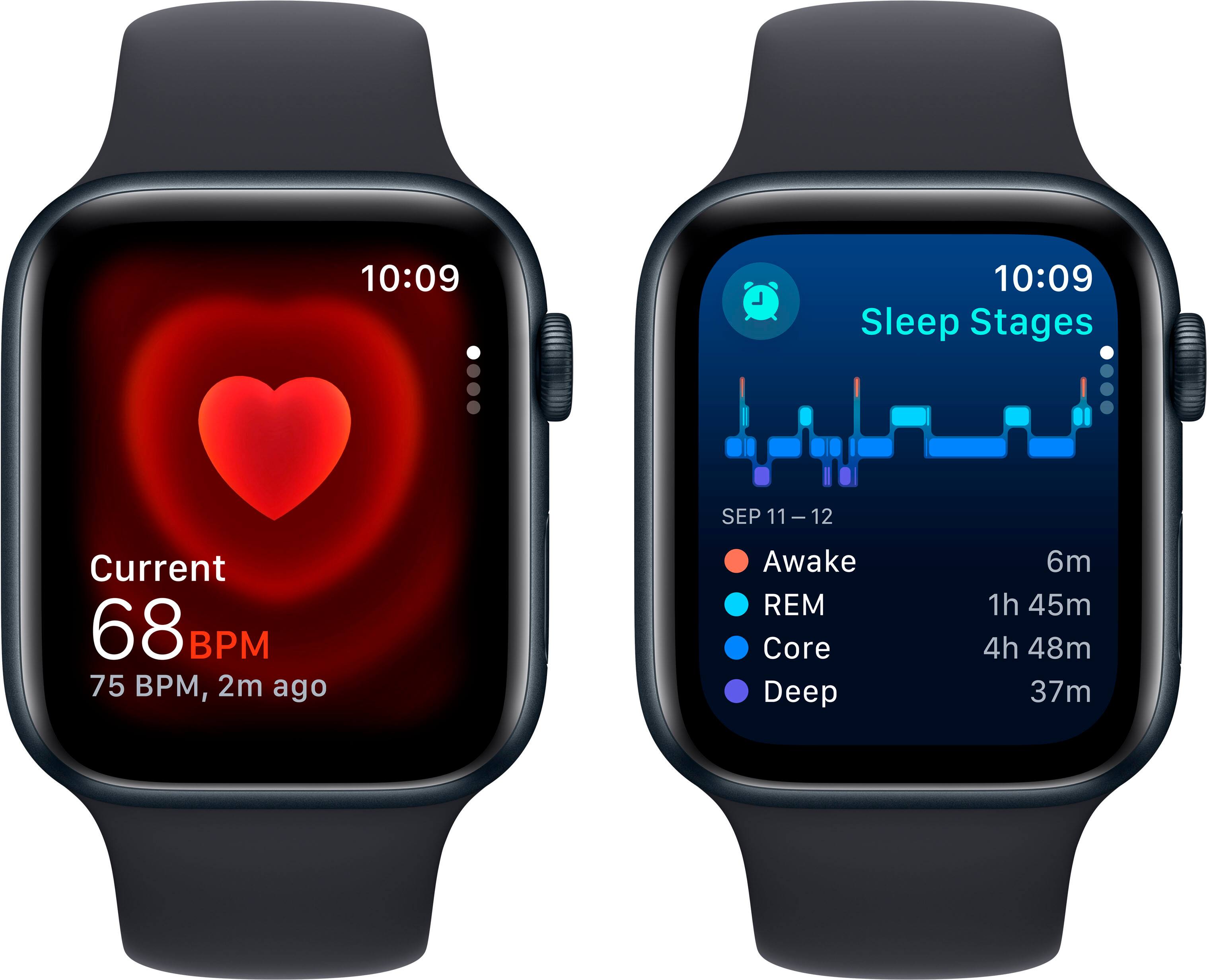 The text on the image is grouped and corrected as follows:

10:09 Sleep Stages SEP 11 - 12 Current 68 BPM 75 BPM, 2m ago Awake REM Core Deep 6m 1h 45m 4h 48m 37m