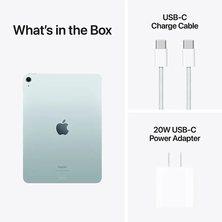 The image features an iPad Air with a USB-C Charge Cable and a 20W USB-C Power Adapter. The USB-C Charge Cable is white and can be seen in the top right corner of the image. The 20W USB-C Power Adapter is located in the bottom right corner of the image. The iPad Air is prominently displayed in the middle of the image.