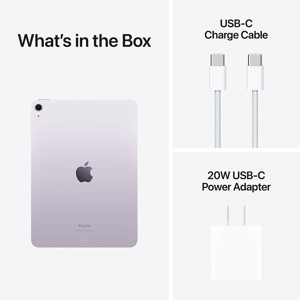 The image features a white iPad Air with a USB-C charge cable and a USB-C power adapter. The USB-C charge cable is shown in two different positions, one on the left side and the other on the right side of the image. The USB-C power adapter is also displayed on the right side of the image. The iPad Air is placed in the center of the image, and the USB-C charge cable and power adapter are connected to it.