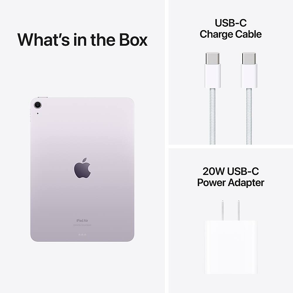 The image features a white iPad Air with a USB-C charge cable and a USB-C power adapter. The USB-C charge cable is shown in two different positions, one on the left side and the other on the right side of the image. The USB-C power adapter is also displayed on the right side of the image. The iPad Air is placed in the center of the image, and the USB-C charge cable and power adapter are connected to it.
