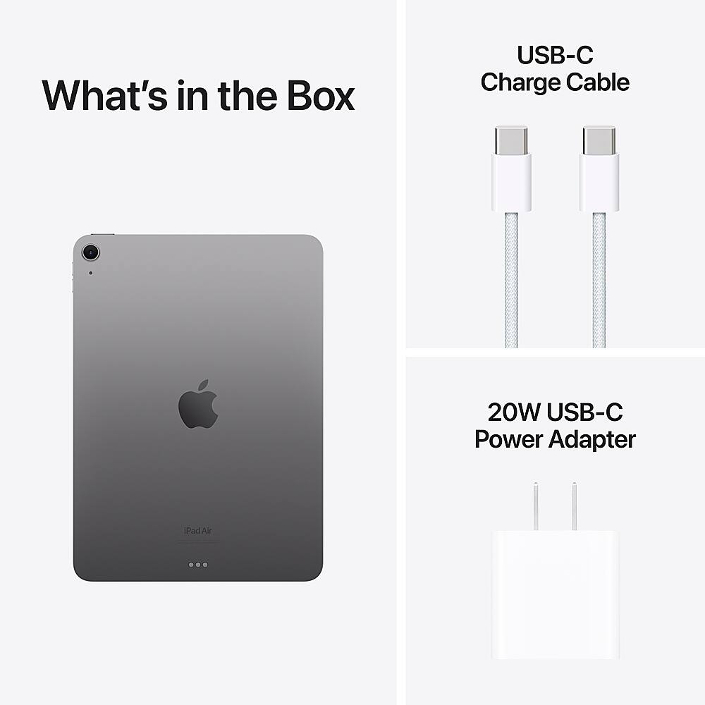 The image features an iPad Air with a USB-C Charge Cable and a 20W USB-C Power Adapter. The USB-C Charge Cable is a white cable, while the 20W USB-C Power Adapter is a white and black device. The image also includes a close-up view of the iPad Air and the USB-C Charge Cable.