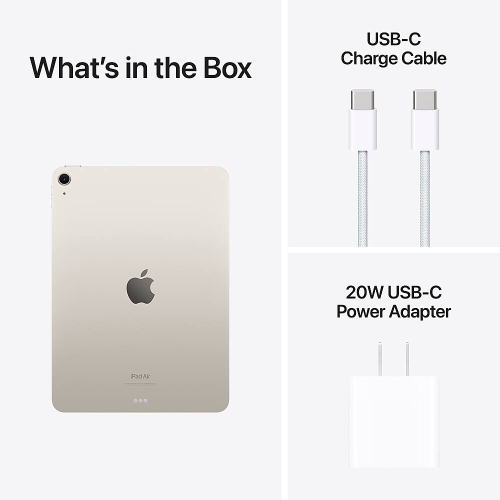 What's in the Box: USB-C Charge Cable, 20W USB-C Power Adapter, iPad Air.