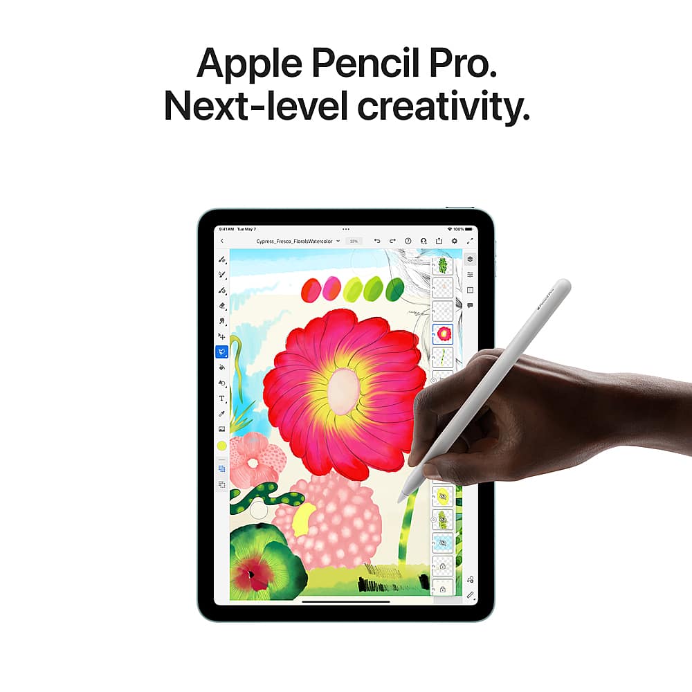 The image features a person using an Apple Pencil Pro to draw on a tablet. The advertisement emphasizes the next-level creativity offered by the Apple Pencil Pro. The tablet is displaying a colorful flower drawing, showcasing the capabilities of the device. The person's hand is holding the Apple Pencil, and the tablet is placed on a surface.