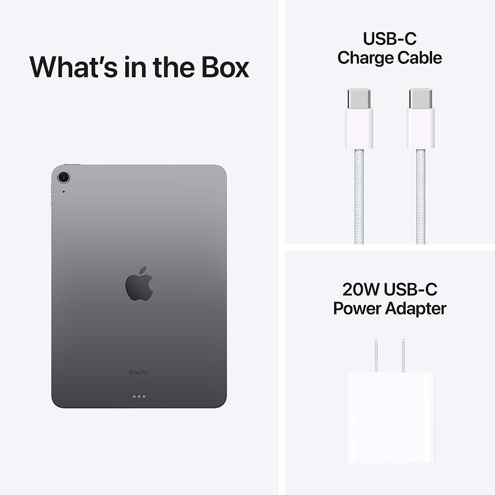 The image features an iPad Air with a USB-C Charge Cable and a 20W USB-C Power Adapter. The USB-C Charge Cable is a white cable, while the 20W USB-C Power Adapter is a white and black device. The image also includes a close-up view of the iPad Air and the USB-C Charge Cable.
