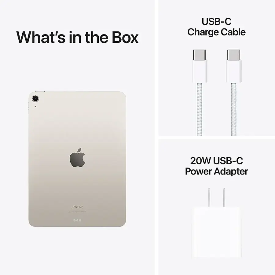 The image features a white iPad Air with a USB-C charge cable and a 20W USB-C power adapter. The USB-C charge cable is shown in two different positions, one on the left side and another on the right side of the image. The 20W USB-C power adapter is also displayed in the lower part of the image. The iPad Air is placed in the center of the image, and the USB-C charge cable is connected to it.