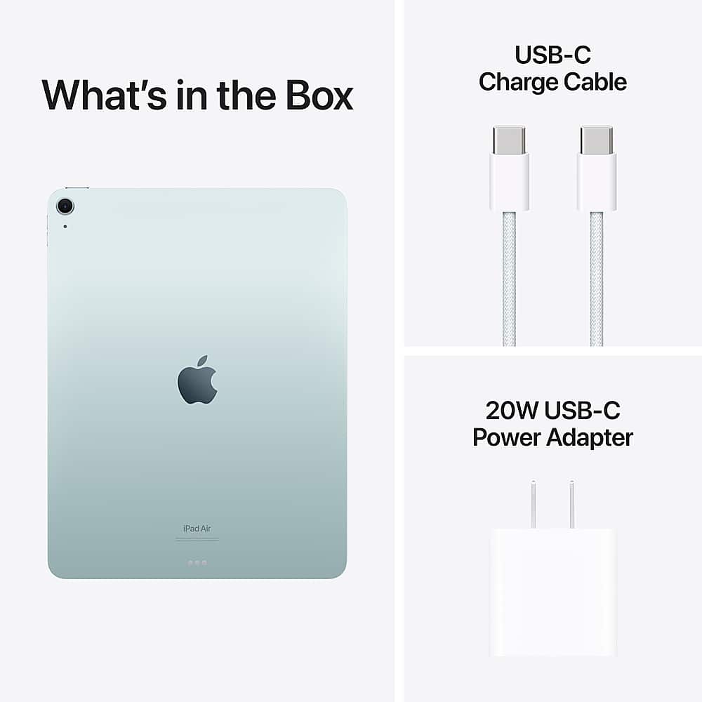 The image features an iPad Air with a USB-C Charge Cable and a 20W USB-C Power Adapter. The USB-C Charge Cable is designed to charge the iPad Air, while the 20W USB-C Power Adapter provides additional power for the device. The image also includes a close-up of the iPad Air, showcasing its design and features.