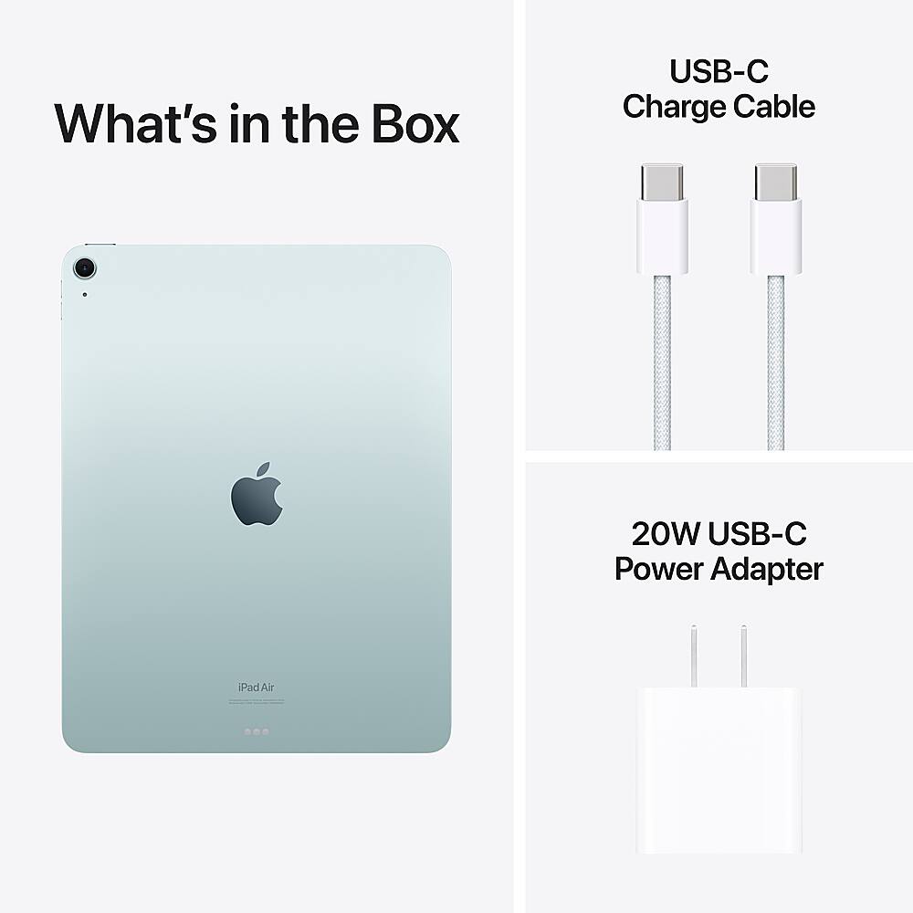 The image features an iPad Air with a USB-C Charge Cable and a 20W USB-C Power Adapter. The USB-C Charge Cable is designed to charge the iPad Air, while the 20W USB-C Power Adapter provides additional power for the device. The image also includes a close-up of the iPad Air, showcasing its design and features.