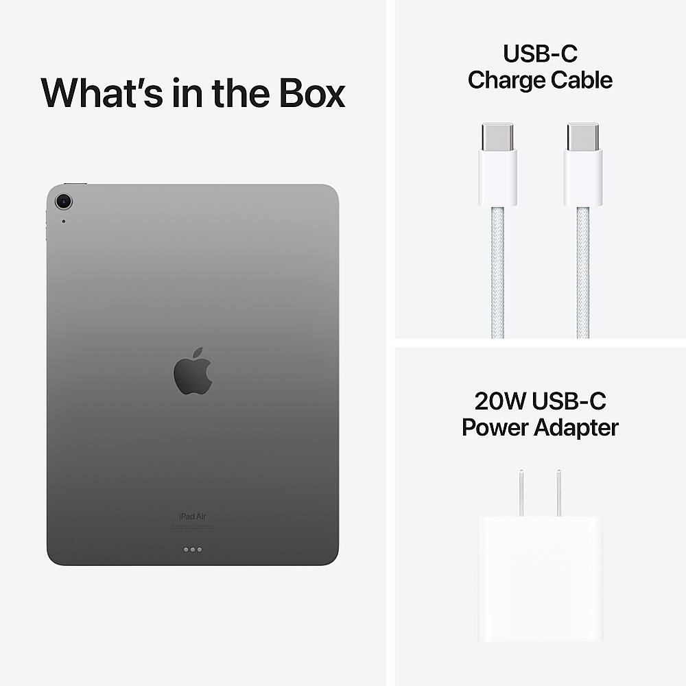 The image shows a box containing an iPad Air, a USB-C charge cable, and a 20W USB-C power adapter. The box is open, revealing the contents inside. The USB-C charge cable and power adapter are connected to the iPad Air, which is placed on a table. The image emphasizes the compatibility of the USB-C charge cable and power adapter with the iPad Air, making it a convenient and efficient setup for charging and powering the device.
