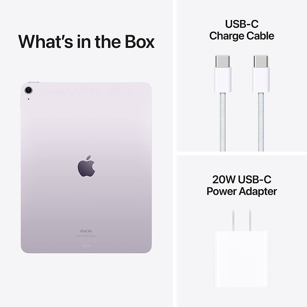The image features an iPad Air with a USB-C Charge Cable and a 20W USB-C Power Adapter. The USB-C Charge Cable is used to charge the iPad Air, while the 20W USB-C Power Adapter provides additional power to the device. The image showcases the various components that come with the iPad Air, making it convenient for users to charge and power their device.