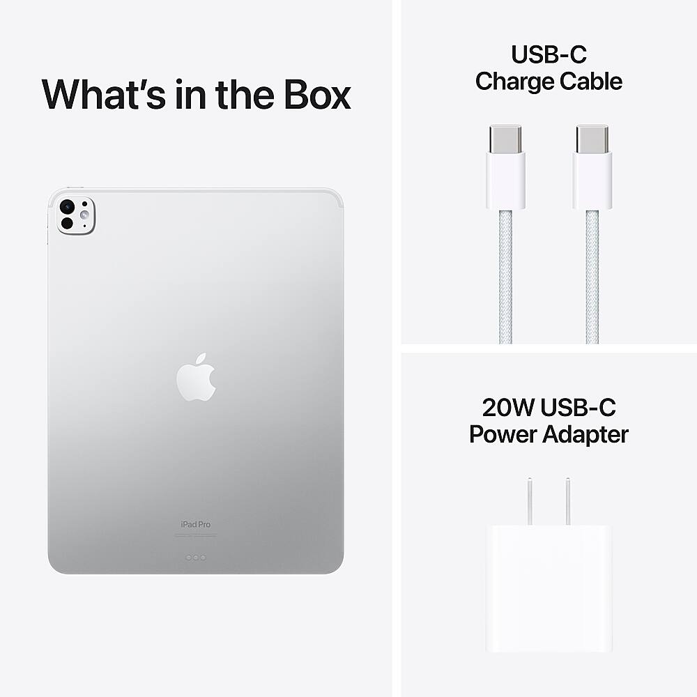 The image features a white iPad Pro with a USB-C charge cable and a 20W USB-C power adapter. The USB-C charge cable is plugged into the iPad Pro, and the 20W USB-C power adapter is also present in the scene. The image is likely showcasing the accessories that come with the iPad Pro, emphasizing the USB-C connectivity and charging capabilities of the device.