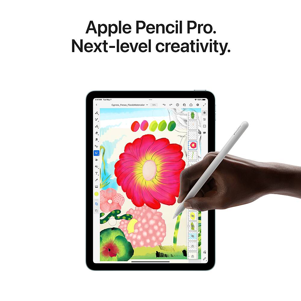 The image features a person using an Apple Pencil Pro to draw on a tablet. The advertisement emphasizes the next-level creativity offered by the Apple Pencil Pro. The tablet is displaying a colorful flower drawing, showcasing the capabilities of the device. The person's hand is holding the Apple Pencil, and the tablet is placed on a surface.