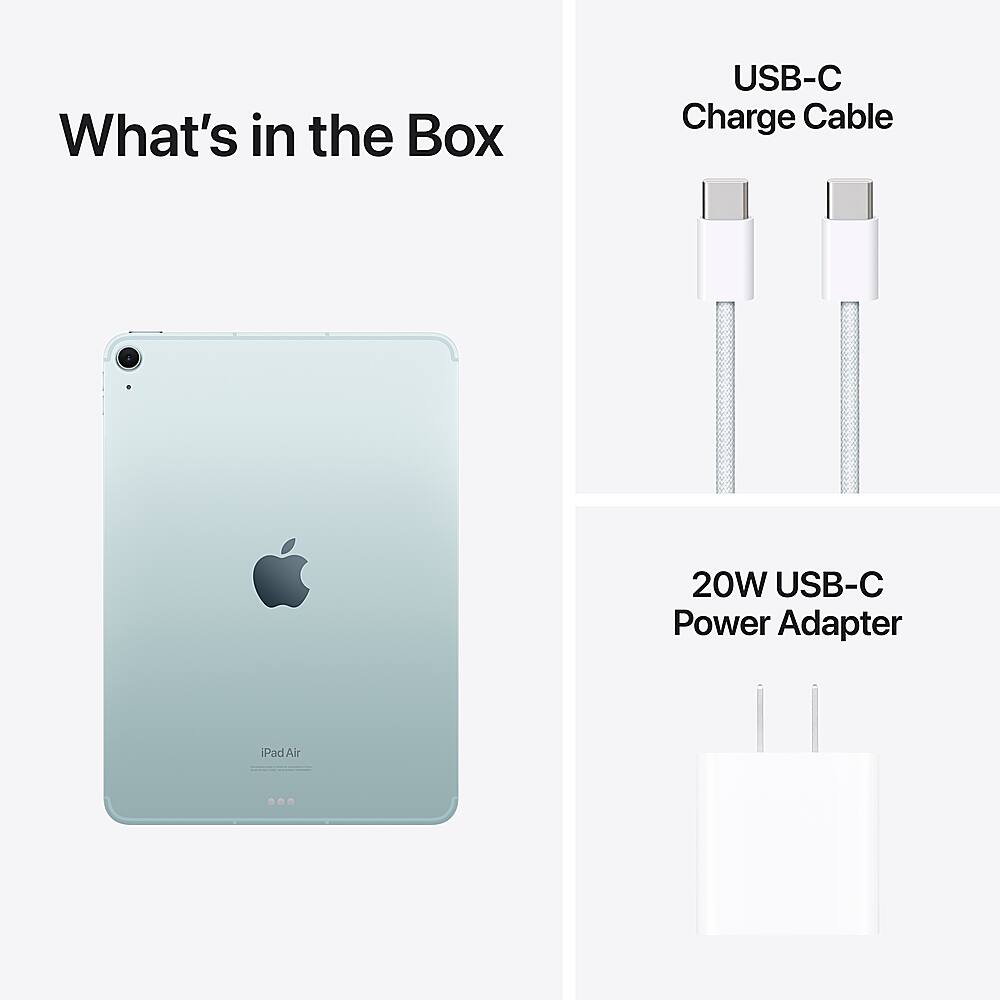 The image features a white iPad Air with a USB-C charge cable and a 20W USB-C power adapter. The USB-C charge cable is connected to the iPad Air, and the power adapter is also present in the scene. The image is likely promoting the features and compatibility of the iPad Air with these accessories.