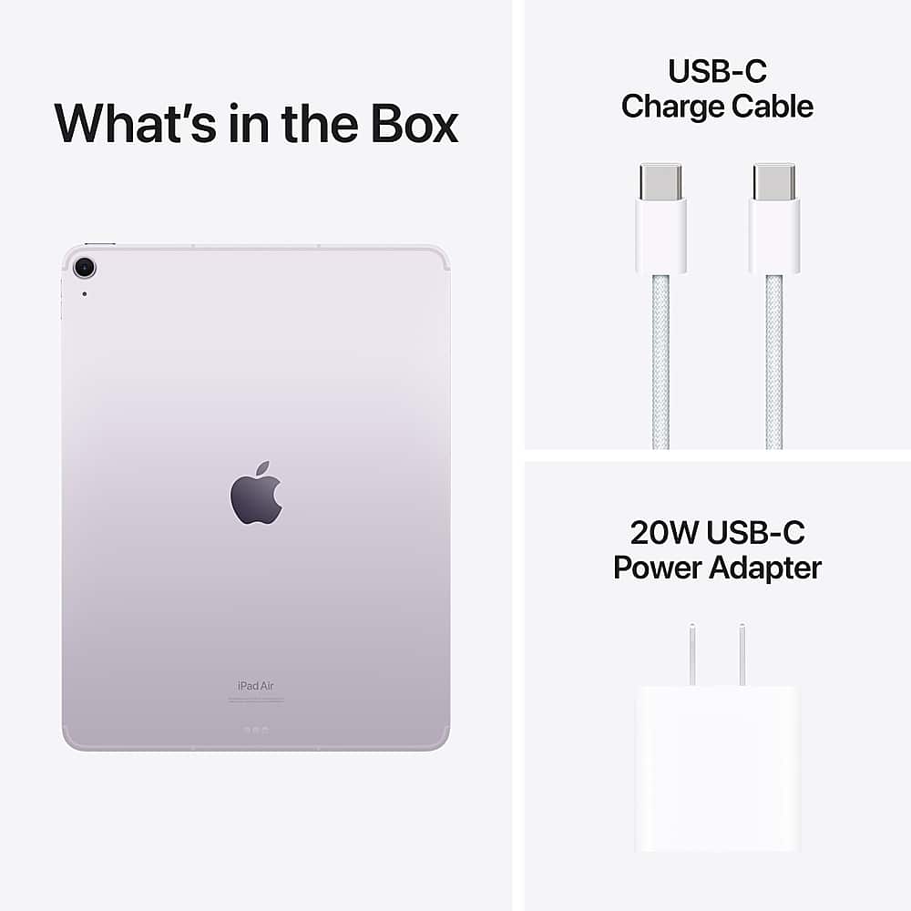 The image features a white iPad Air, which is the main focus of the scene. There are also two USB-C cables and a 20W USB-C power adapter present in the image. The USB-C cables are connected to the iPad Air, and the power adapter is placed next to them. The image is likely promoting the iPad Air and its accessories, emphasizing the convenience and functionality of the USB-C charge cable and power adapter.