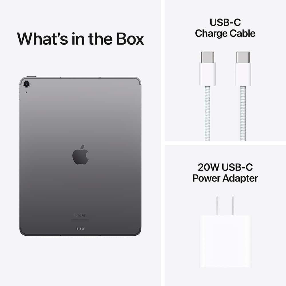 The image features a USB-C Charge Cable and a 20W USB-C Power Adapter for an iPad Air. The USB-C Charge Cable is shown in the top left corner of the image, while the 20W USB-C Power Adapter is displayed in the bottom left corner. The image also includes a close-up of the iPad Air, which is placed in the top right corner. The image is titled "What's in the Box USB-C Charge Cable 20W USB-C Power Adapter iPad Air."
