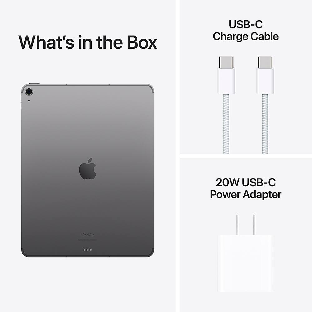 The image features a USB-C Charge Cable and a 20W USB-C Power Adapter for an iPad Air. The USB-C Charge Cable is shown in the top left corner of the image, while the 20W USB-C Power Adapter is displayed in the bottom left corner. The image also includes a close-up of the iPad Air, which is placed in the top right corner. The image is titled "What's in the Box USB-C Charge Cable 20W USB-C Power Adapter iPad Air."
