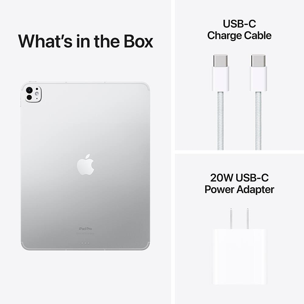 The image features a white iPad Pro with a USB-C charge cable and a 20W USB-C power adapter. The USB-C charge cable is designed for charging the iPad Pro, while the USB-C power adapter is used to provide power to the device. The image also includes a close-up view of the USB-C charge cable and the 20W USB-C power adapter.