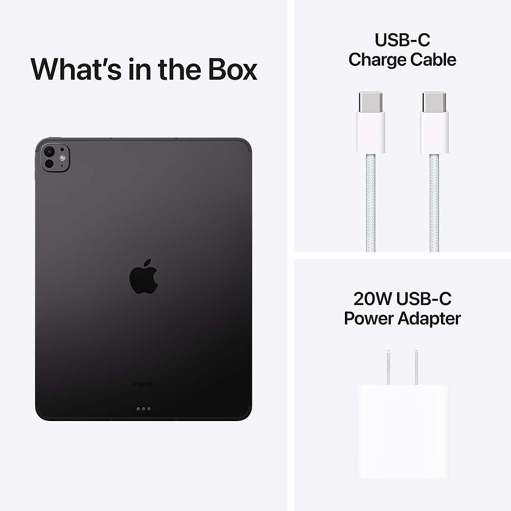 The image shows a black iPad Pro with a USB-C charge cable and a 20W USB-C power adapter. The USB-C charge cable is white, and the power adapter is also white. The image is promoting the product as a convenient and efficient way to charge the iPad Pro.