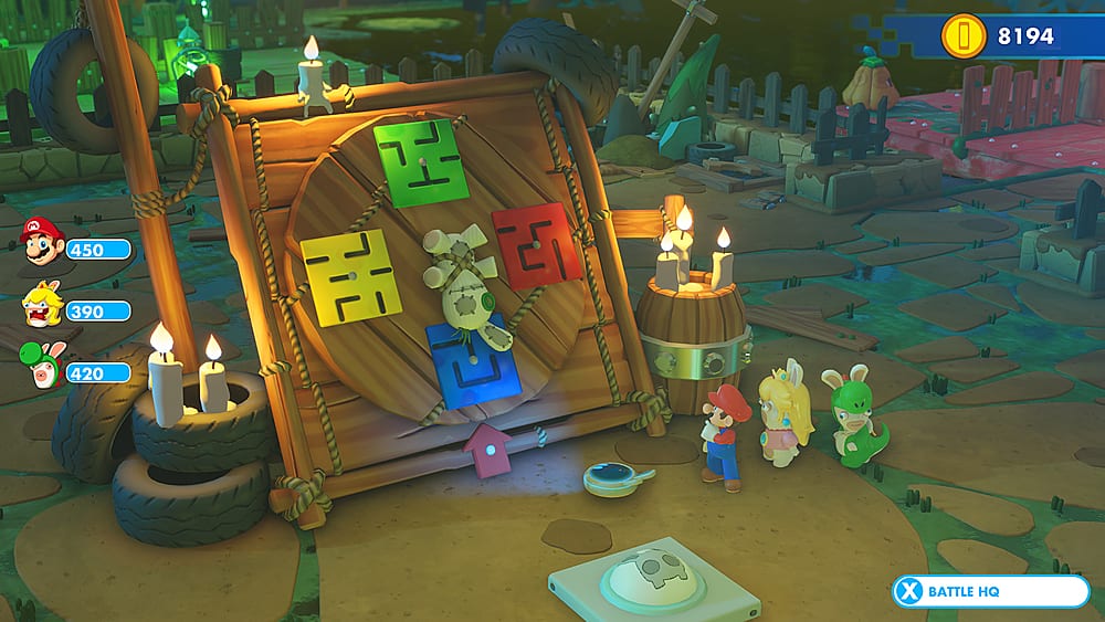 The image features a video game with a group of characters standing in front of a wooden structure. The game is set in a forest, and the characters are interacting with the wooden structure, which could be a door or a puzzle. The game appears to be a Mario game, as the characters are dressed in Mario-like outfits. The scene is lively, with several characters visible in the image, and the overall atmosphere suggests an engaging and entertaining gaming experience.