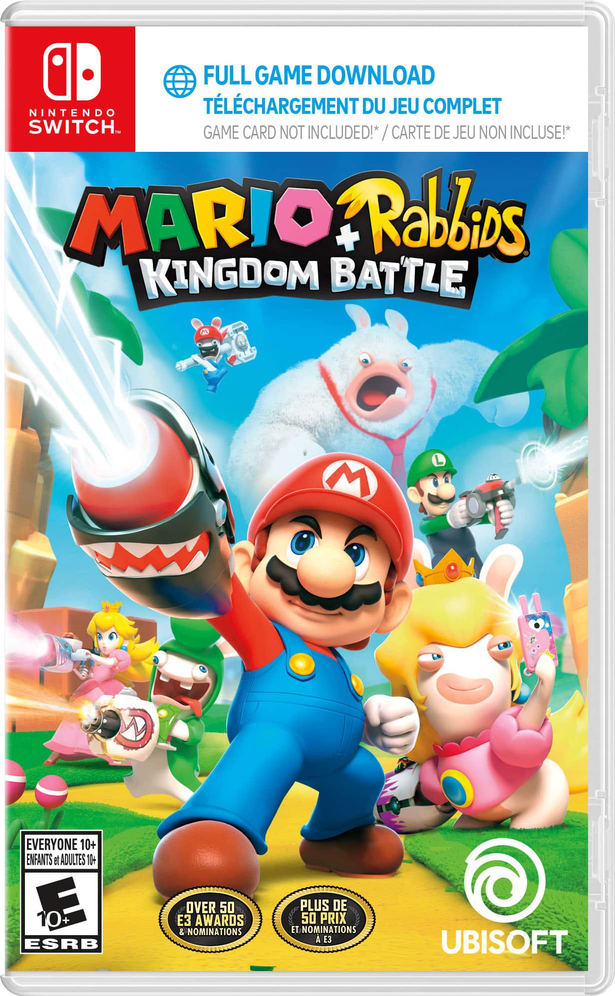 The image features a video game called "Mario & Rabbi's Kingdom Battle." The game is available for download on the Nintendo Switch, and a game card is not included. The game is rated E for Everyone, suitable for players of all ages. The game has received over 50 awards and nominations, indicating its popularity and success. The game is developed by Ubisoft, a well-known video game company.