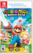 The image features a video game called "Mario & Rabbi's Kingdom Battle." The game is available for download on the Nintendo Switch, and a game card is not included. The game is rated E for Everyone, suitable for players of all ages. The game has received over 50 awards and nominations, indicating its popularity and success. The game is developed by Ubisoft, a well-known video game company.