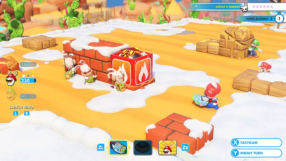 In the image, there is a video game featuring a group of characters, including a dog and a cat, playing in a snowy area. The game appears to be a Mario-like game, with the characters interacting with each other and the environment. The game has a turn-based system, allowing players to switch between different characters and strategies. The objective of the game is to defeat enemies and progress through the game. The game is set in a winter landscape, which adds to the overall atmosphere and gameplay experience.