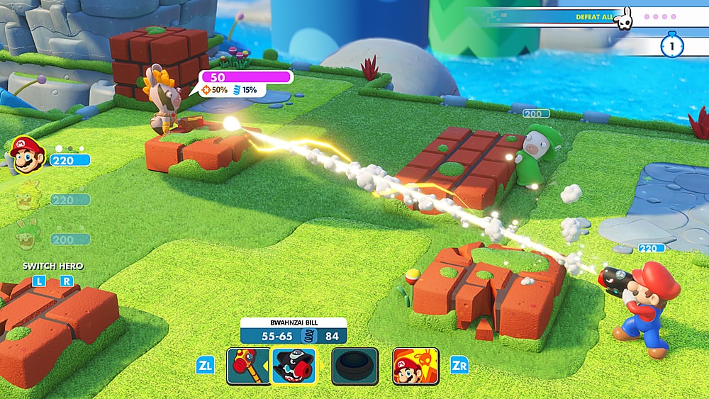 The image features a video game with two characters, one of which is a Mario character, and the other is a character from the game "The Legend of Zelda." They are engaged in a battle, with the Mario character using a sword to attack the other character. The scene takes place in a grassy area with a few blocks scattered around. The game is set up with a timer, indicating that the players have a limited amount of time to complete their tasks. The image also shows a clock in the background, which may be related to the game's time-based challenges.