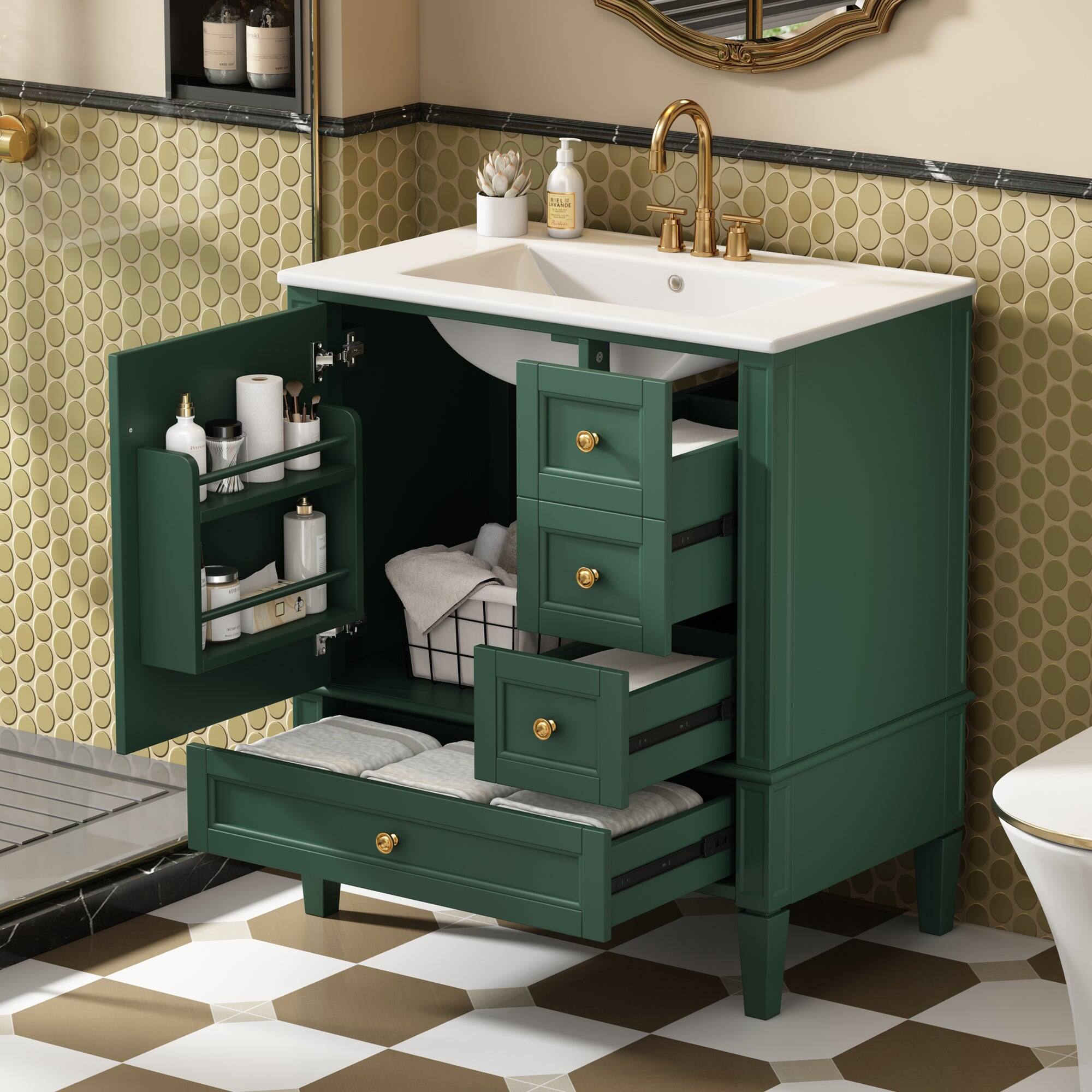 Alt View 2. Boyel Living - 30 Inch Solid Wood Bathroom Vanity with Ceramic Sink Three Drawers Green - Green.