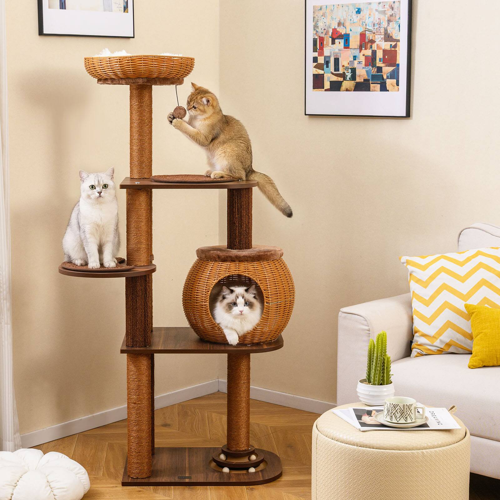 Alt View 3. Gymax - Gymax 59.5'' Cat Tree Multi-Level Cat Tower w/ PE Rattan Cat Condo & Top Perch.