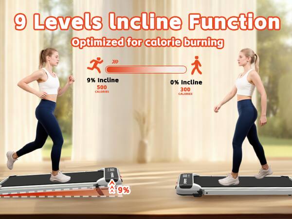 9 Levels Incline Function  
Optimized for calorie burning  

9% Incline  
500 CALORIES  

0% Incline  
300 CALORIES