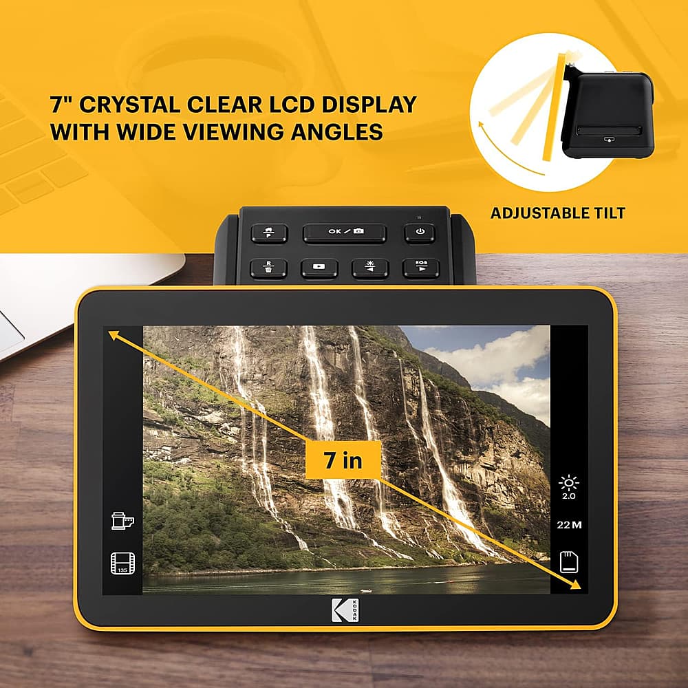 The text on the image reads: "7" Crystal Clear LCD Display with Wide Viewing Angles Adjustable Tilt."