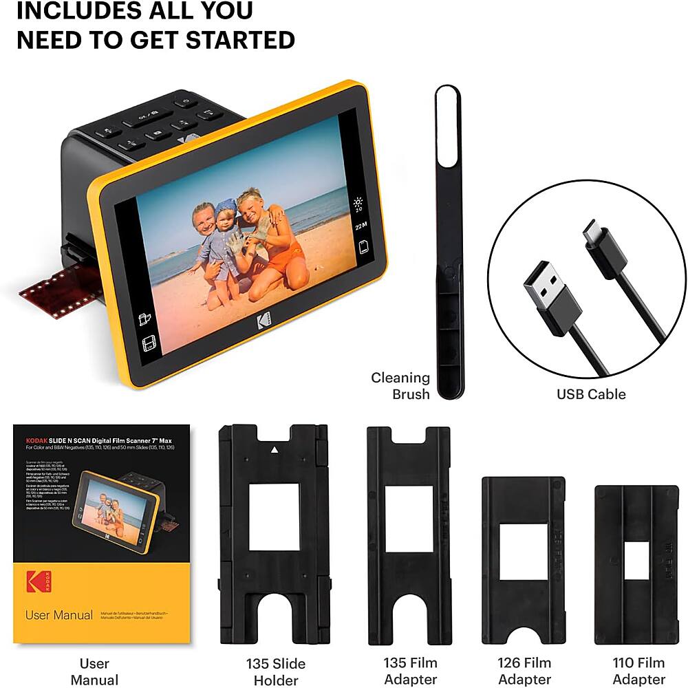 Includes All You Need to Get Started: Cleaning Brush, USB Cable, Kodak Slide N Scan Digital Film Scanner, 135 Slide Holder, 135 Film Adapter, 126 Film Adapter, 110 Film Adapter, User Manual.