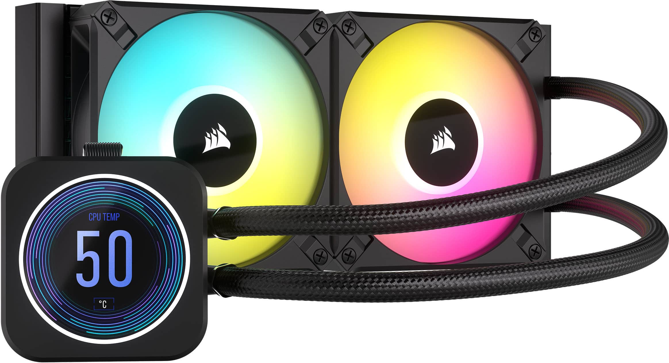 Front. CORSAIR - iCUE H100i ELITE LCD XT 120mm Fans + 240mm Radiator Liquid Cooling System with IPS LCD Screen - Black.