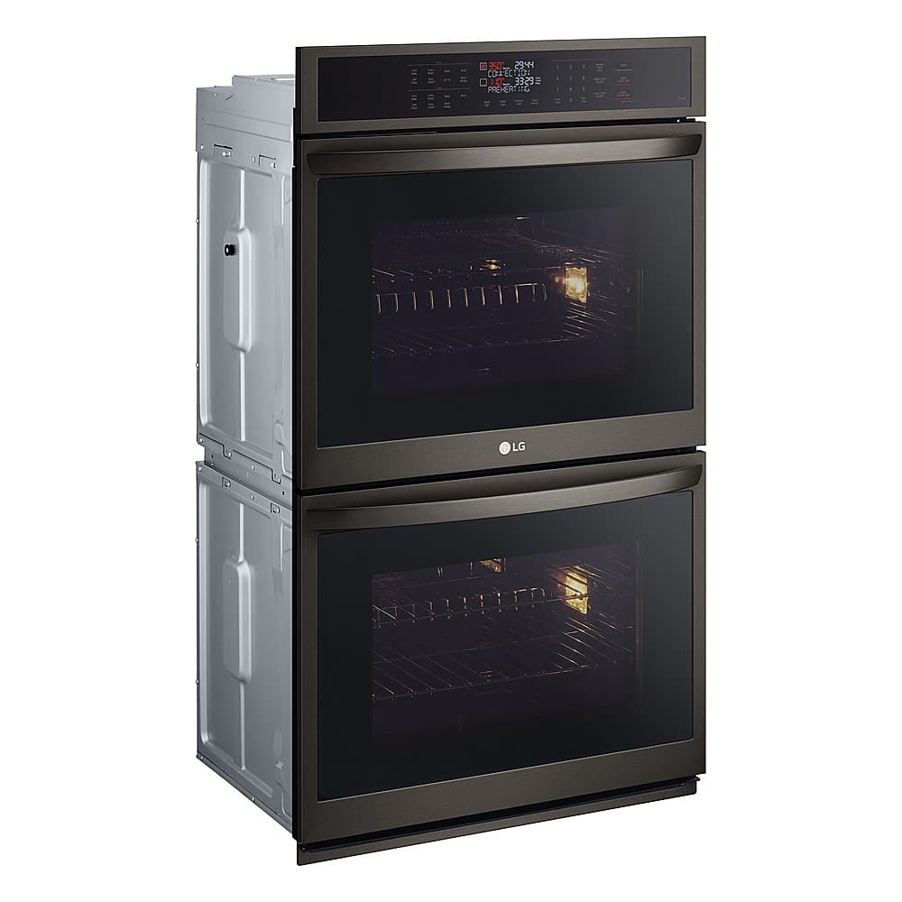 Angle. LG - 30" Smart Built-In Electric Convection Double Wall Oven with Air Fry - Black Stainless Steel.