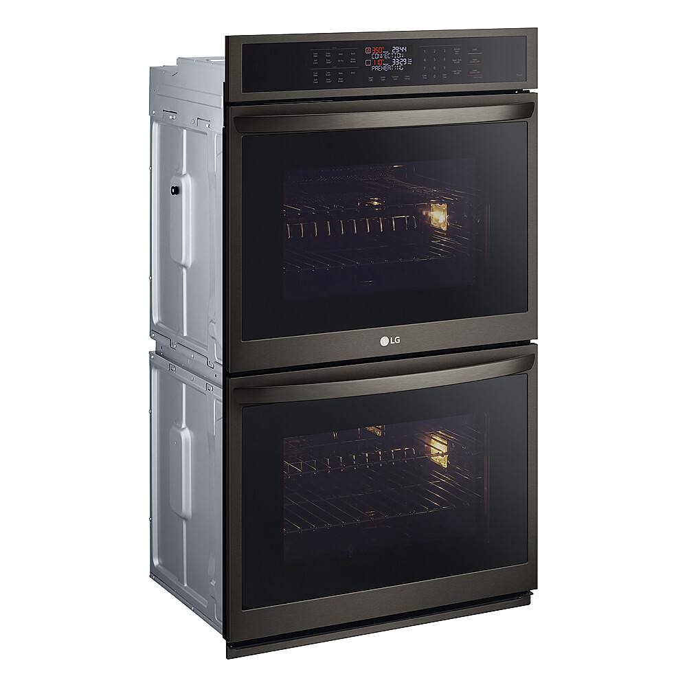 Angle. LG - 30" Smart Built-In Electric Convection Double Wall Oven with Air Fry - Black Stainless Steel.