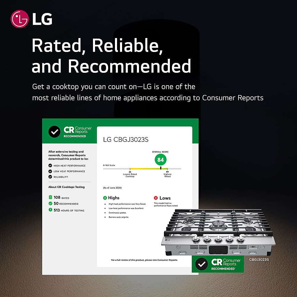 LG Rated, Reliable, and Recommended Get a cooktop you can count on - LG is one of the most reliable lines of home appliances according to Consumer Reports. CR Consumer Reports RECOMMENDED LG CBGJ3023S After extensive testing and research, Consumer Reports determined this product to be: Rated: 50 Recommended: 513 Hours of Testing Highs - Performance - Very Low Heat Performance - Low Lows The most reliable cooktops now noted by Consumer Reports for a flawless review - this product. Please visit Consumer Reports for more information.