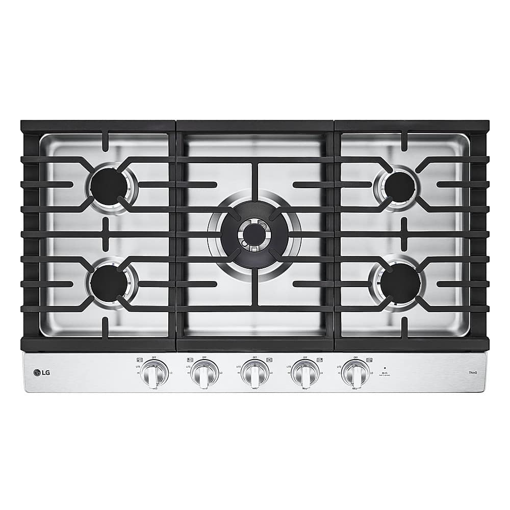 Front. LG - 36" Built-In Smart Gas Cooktop with 5 Burners and EasyClean - Stainless Steel.