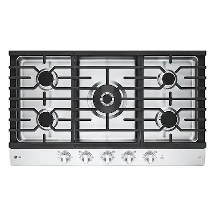Front. LG - 36" Built-In Smart Gas Cooktop with 5 Burners and EasyClean - Stainless Steel.