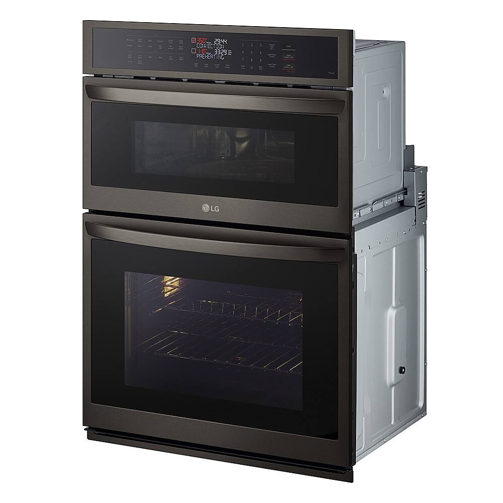 Left. LG - 30" Smart Built-In Electric Convection Combination Wall Oven with Microwave and Air Fry - PrintProof Black Stainless Steel.