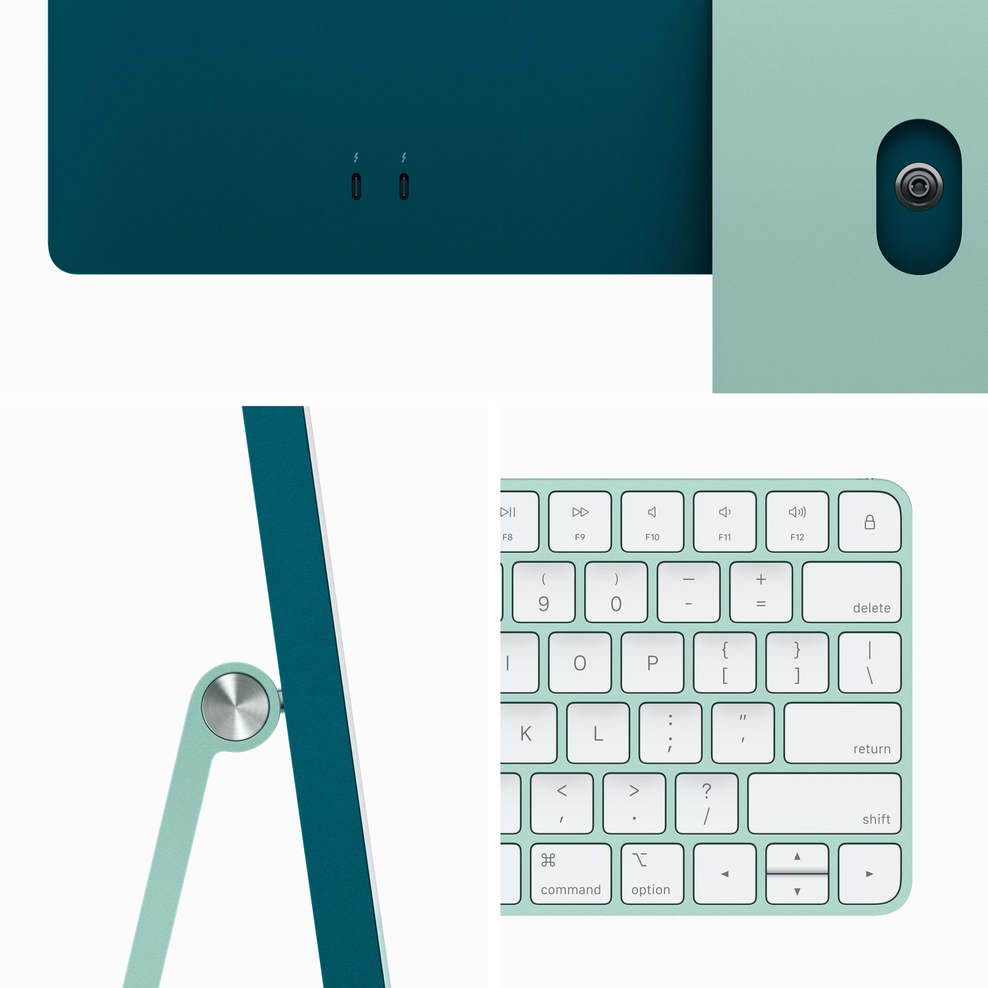 The image showcases a green keyboard and mouse, which are part of an all-in-one desktop computer. The keyboard features a green and white color scheme, and the mouse is also green. The keyboard is placed on top of a blue surface, and the mouse is positioned next to it. The image highlights the sleek design and color combination of the computer components.