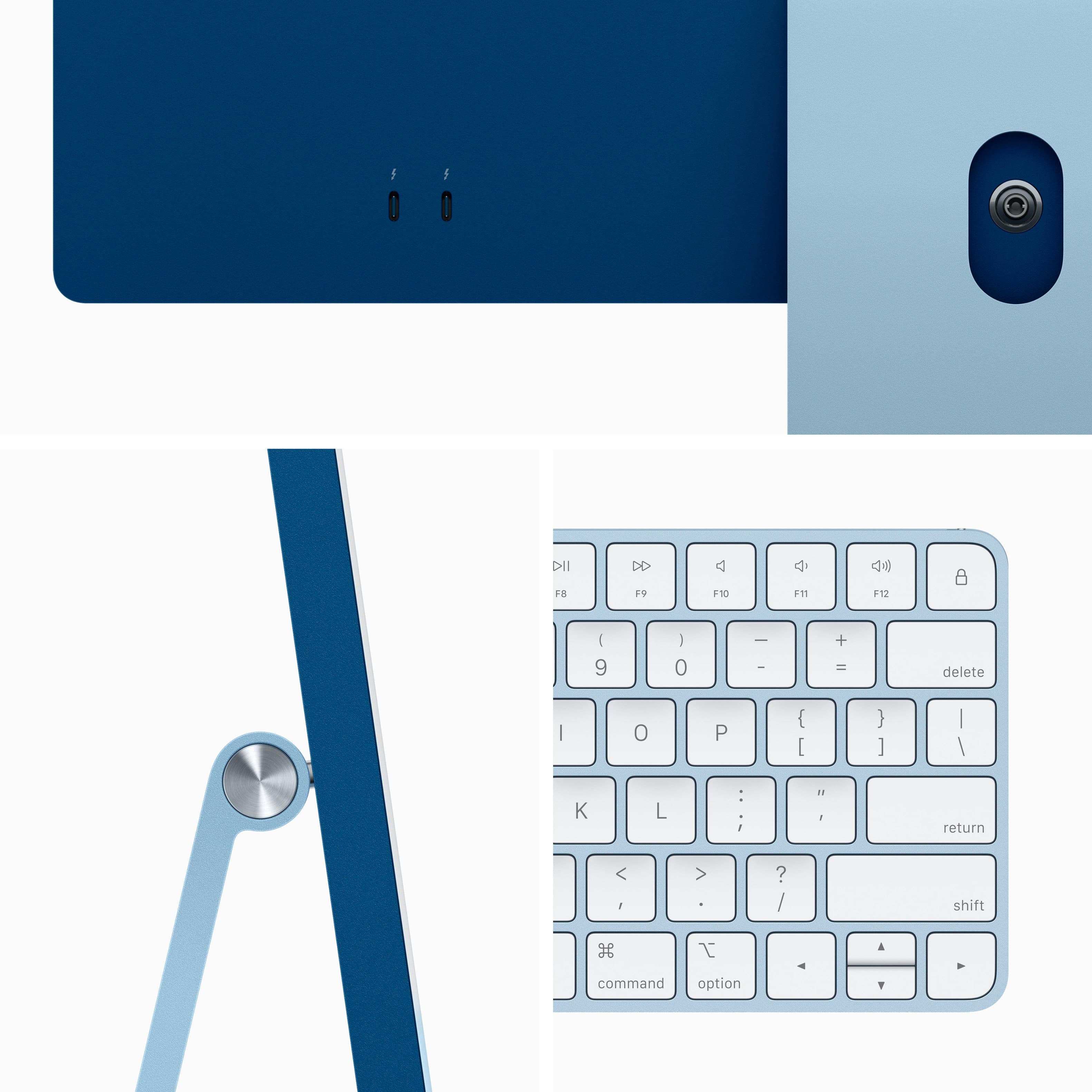 The image features a blue keyboard and a blue mouse, both of which are attached to a blue computer. The keyboard is a wireless keyboard, and the mouse is a wireless mouse. The keyboard has a built-in touchpad, which is a unique feature. The keyboard also has a built-in microphone and a built-in speaker, providing a complete all-in-one desktop computer experience.
