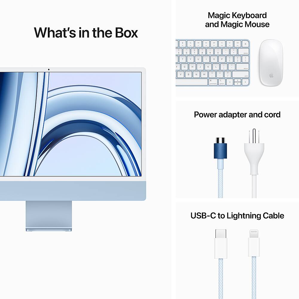 What's in the Box: Magic Keyboard and Magic Mouse, Power adapter and cord, USB-C to Lightning Cable.