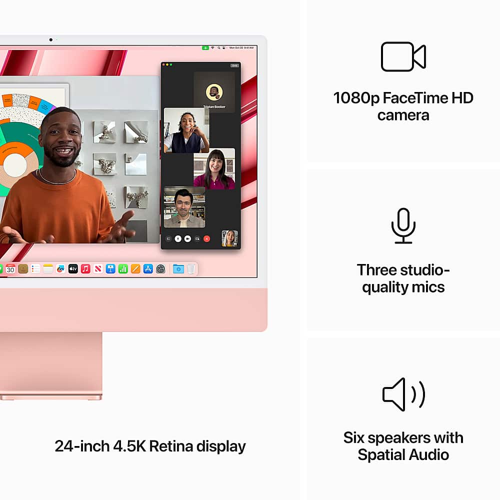 * 1080p FaceTime HD camera
* Three studio-quality mics
* 24-inch 4.5K Retina display
* Six speakers with Spatial Audio
