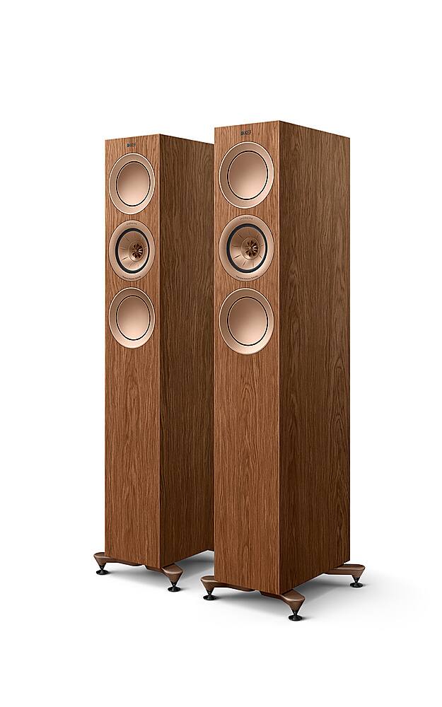 Angle. KEF - R5 Meta Floorstanding Loudspeaker (Each) - Walnut.
