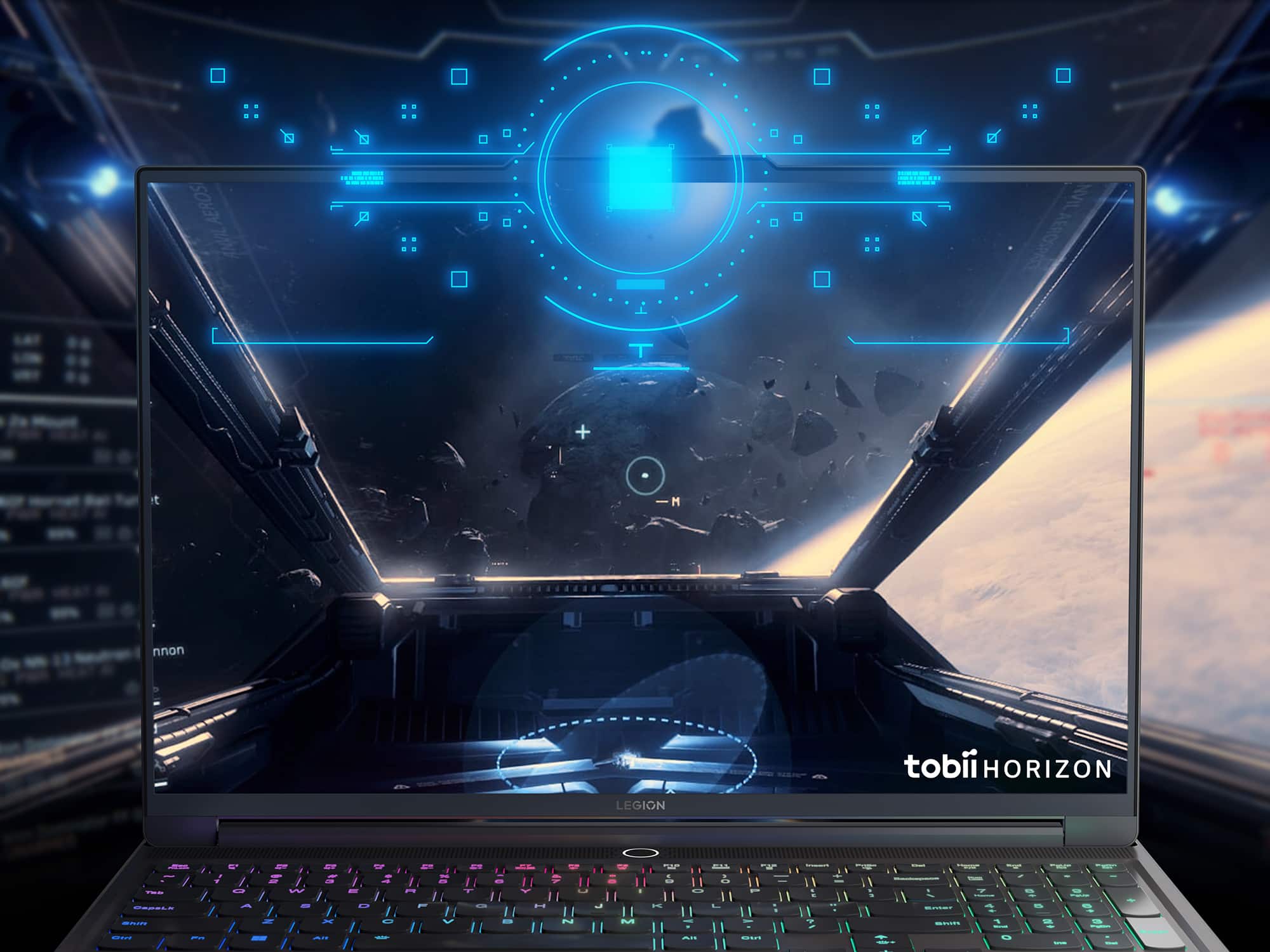 The image shows a laptop computer with a Tobii Horizon logo on the screen. The screen displays a space scene with a spaceship and a clock. The laptop is open and ready for use, with a keyboard and mouse visible in the lower part of the image.