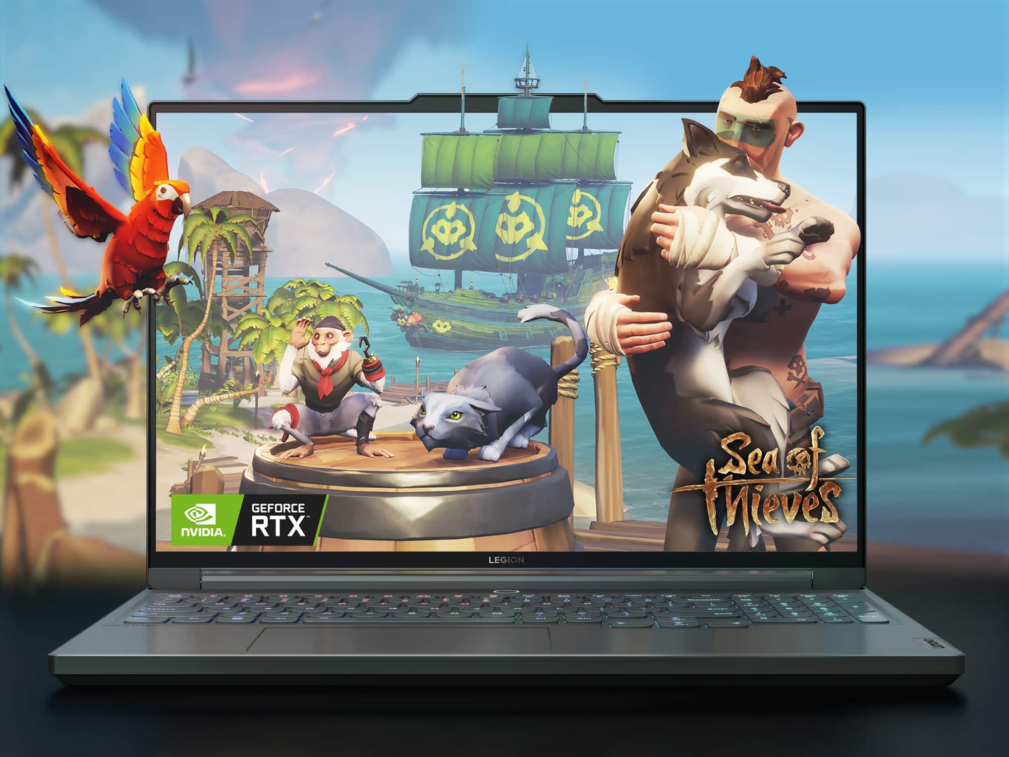 The image features a laptop computer with a game displayed on the screen. The game is set in a tropical location, and it appears to be a pirate-themed game. There are several characters in the game, including a man holding a cat, a parrot, and a dog. The laptop screen is large, covering most of the image, and it is placed on a desk.