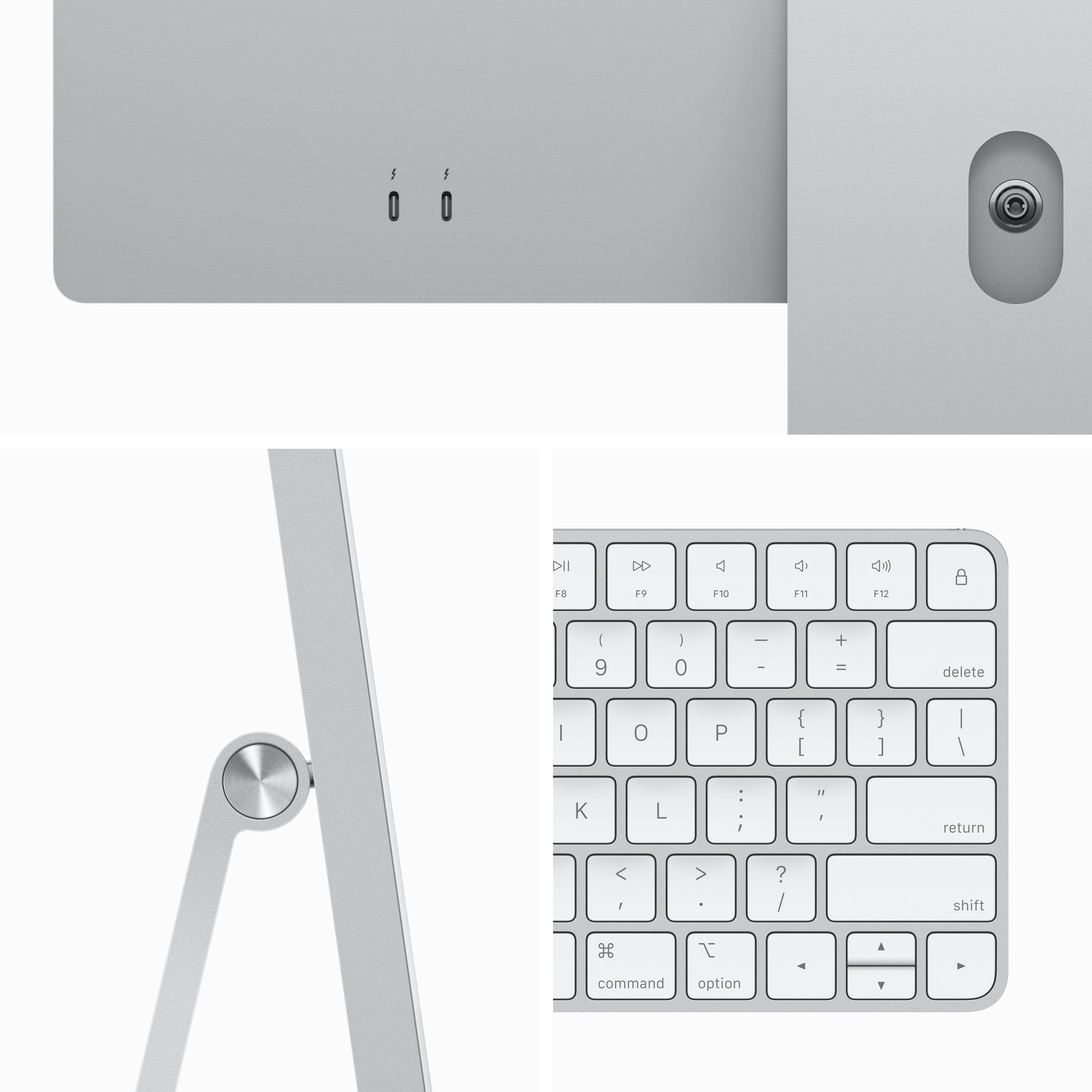 The image features a close-up of a keyboard, which is part of an all-in-one desktop computer. The keyboard has a sleek design and is white in color. The keys are arranged in a neat and organized manner, making it easy to use. The image also shows the keyboard attached to the computer, indicating that it is an integrated part of the device.