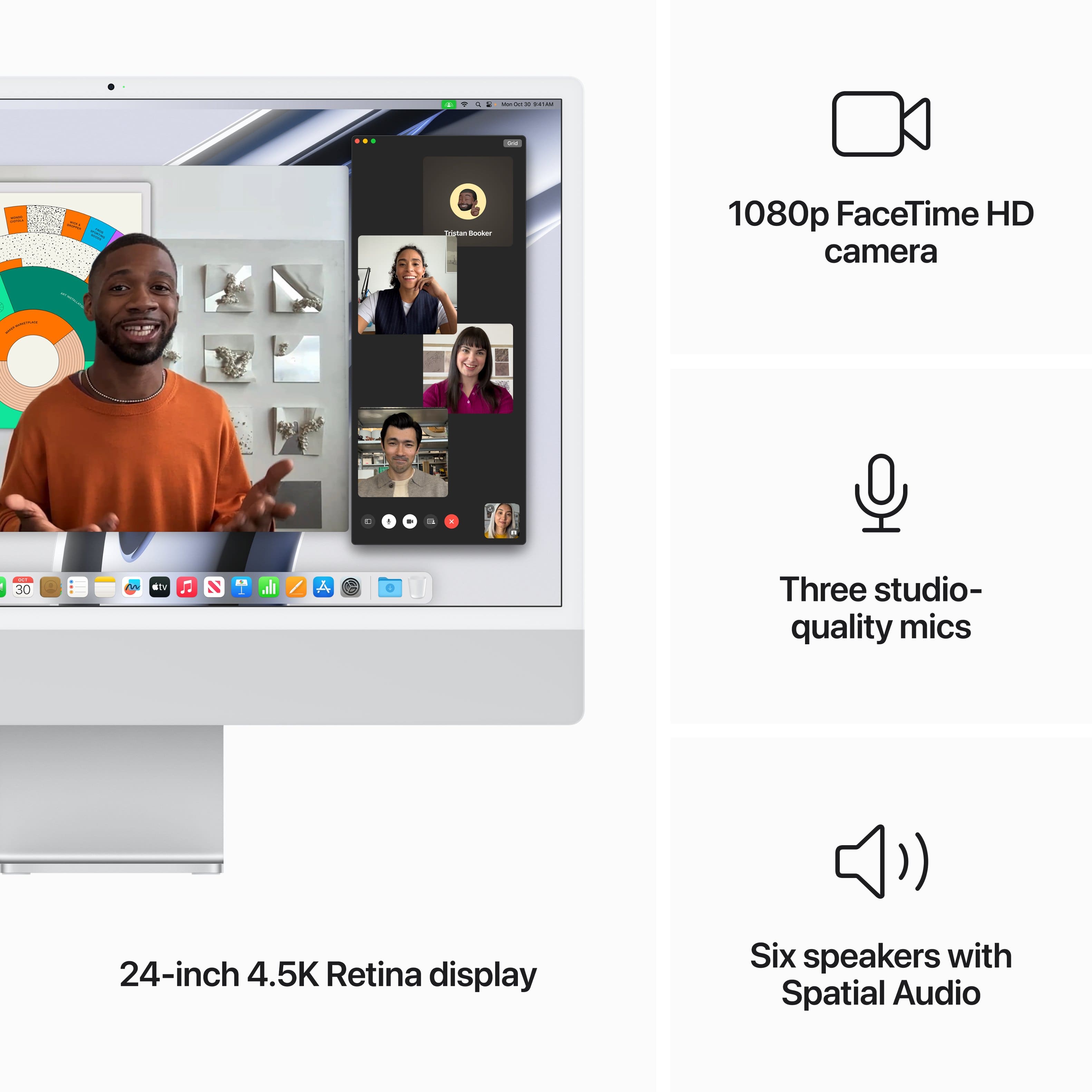 The image showcases an all-in-one desktop computer with a large 24-inch 4.5K Retina display, a 1080p FaceTime HD camera, and three studio-quality mics. The computer also features six speakers with Spatial Audio, providing an immersive audio experience. The image highlights the various features of this desktop computer, making it an ideal choice for users who want a powerful and versatile device for their daily tasks and entertainment needs.
